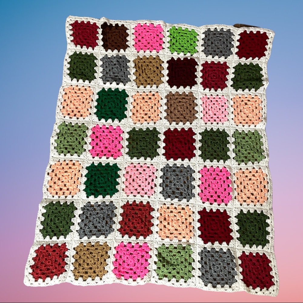 Vintage Granny Square Crocheted Blanket Handmade 49”x39” Throw Blanket